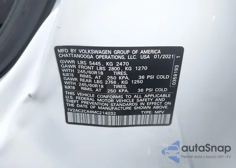 2021 Volkswagen Atlas Cross Sport S z USA, uszkodzony, nr VIN 1V2AC2CA9MC214032